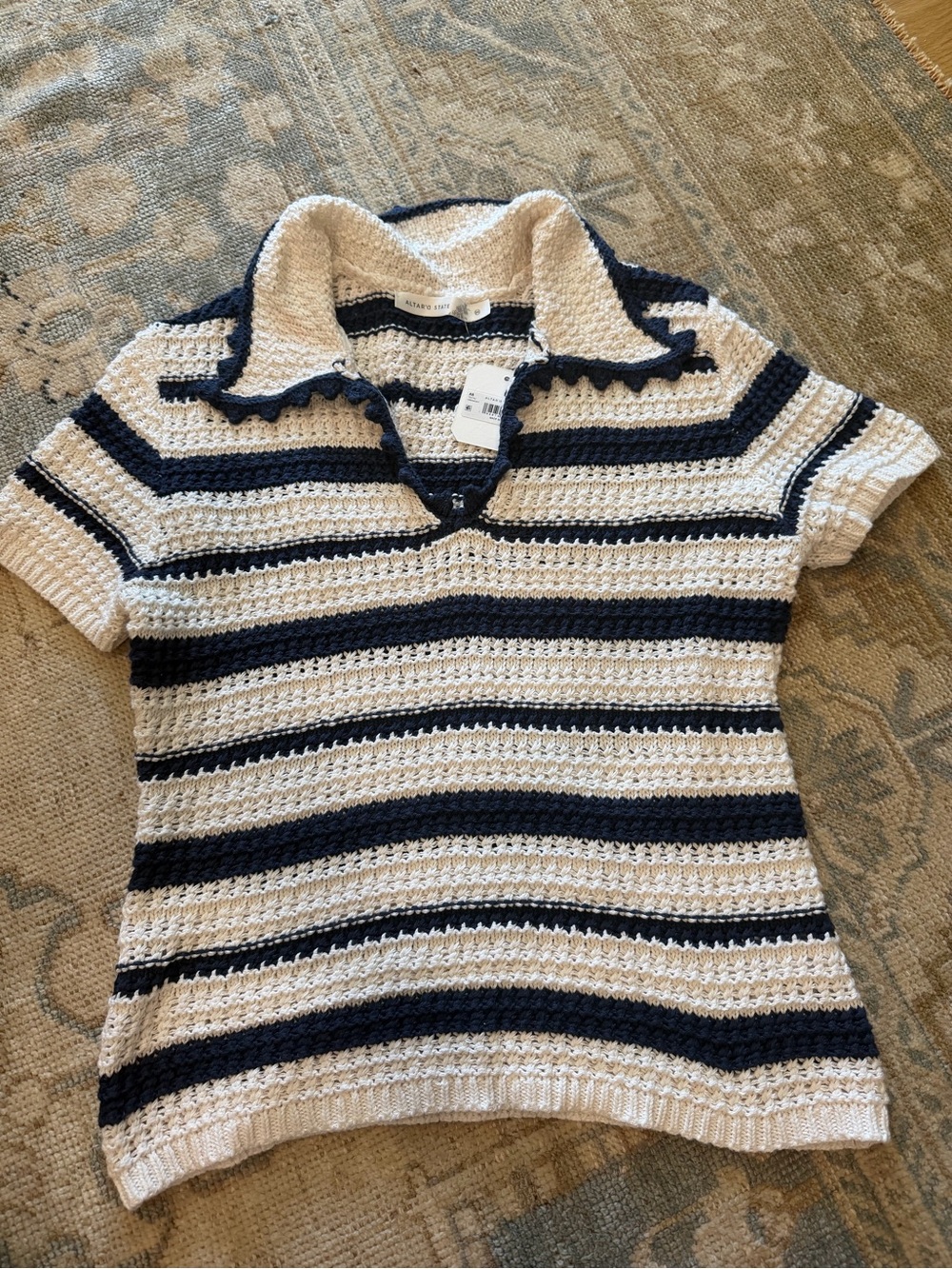Altar'd State Navy and Cream Striped Crochet Polo Tee